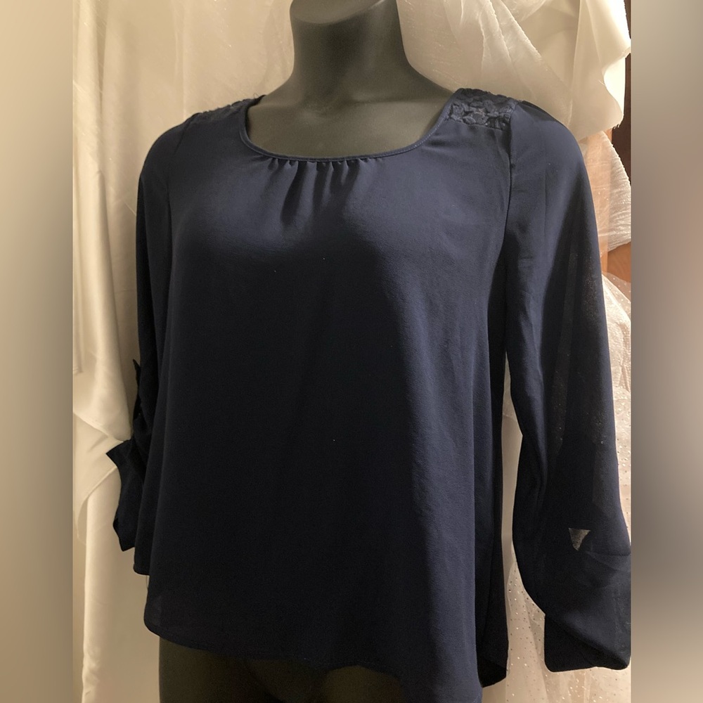 Navy Lace Tue Up Blouse
